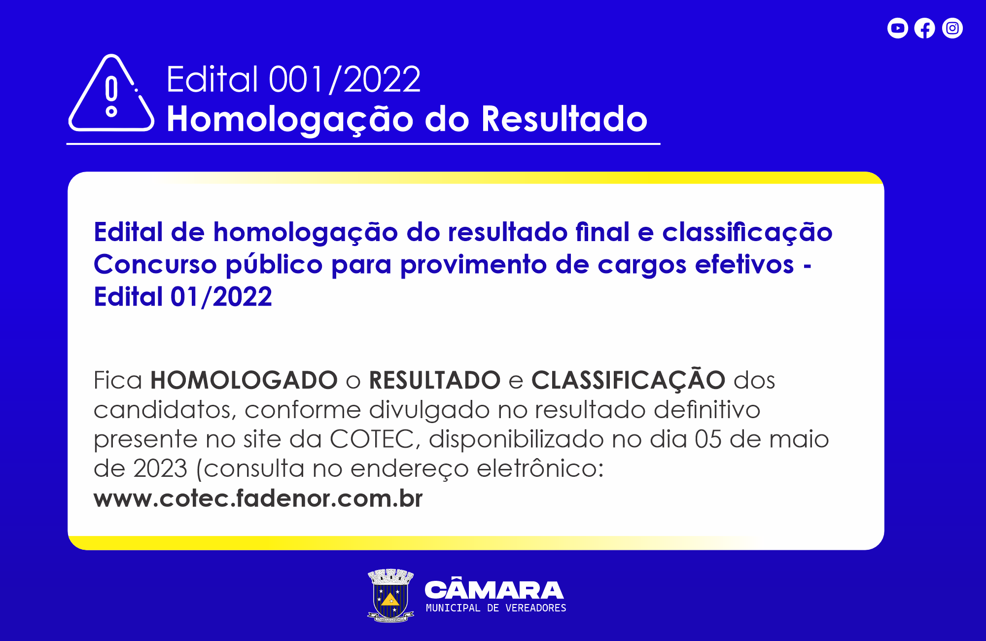 Edital de Homologação do resultado final concurso 001/2022